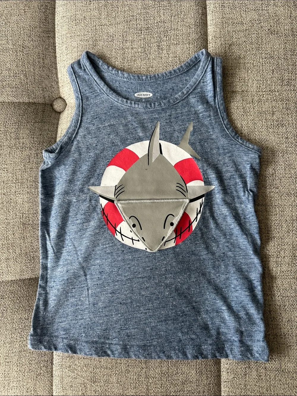 Old Navy Heather Blue Tank with Shark and Red Lifebuoy